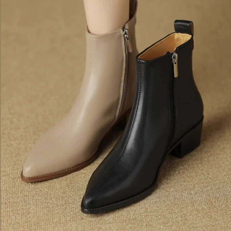 2025 Nuevos botines para mujer: botines minimalistas de tacón medio con punta puntiaguda y cuero suave y cremallera lateral, botas de moda adelgazantes