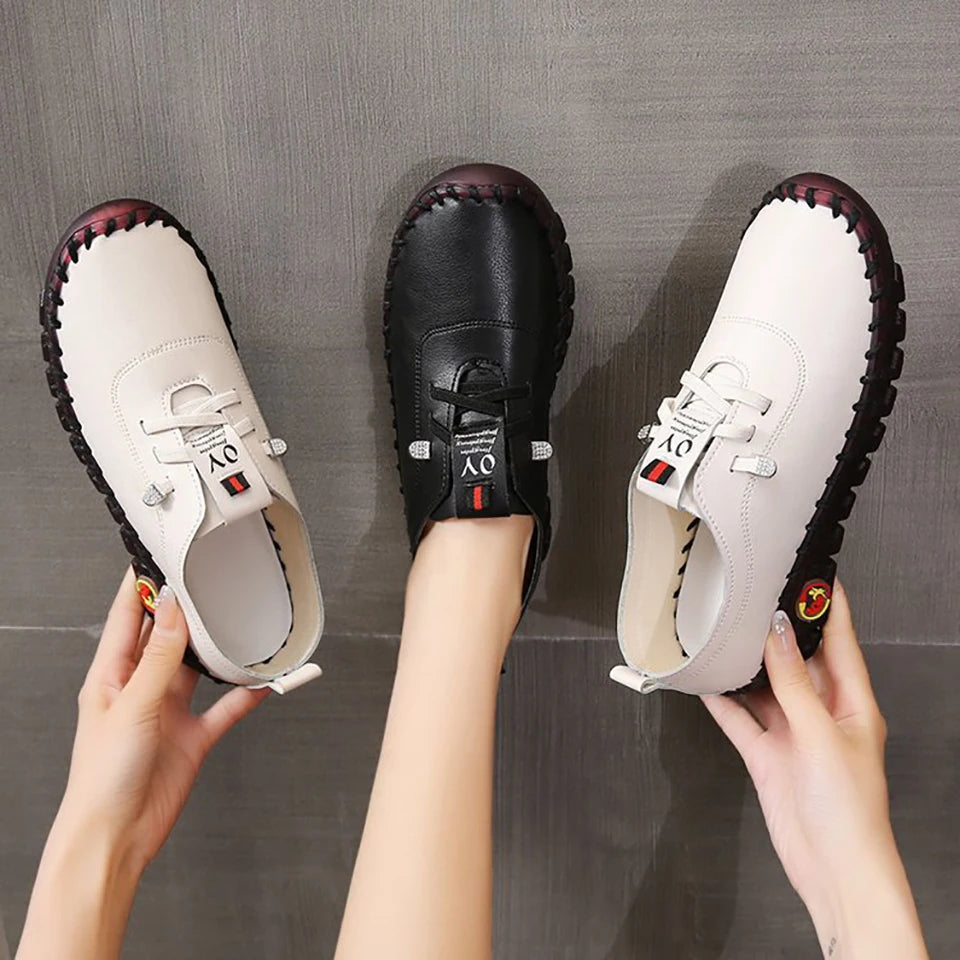 Zapatillas de deporte para Mujer, mocasines con cordones de cuero, planos, informales, cómodos, para mamá, para Mujer