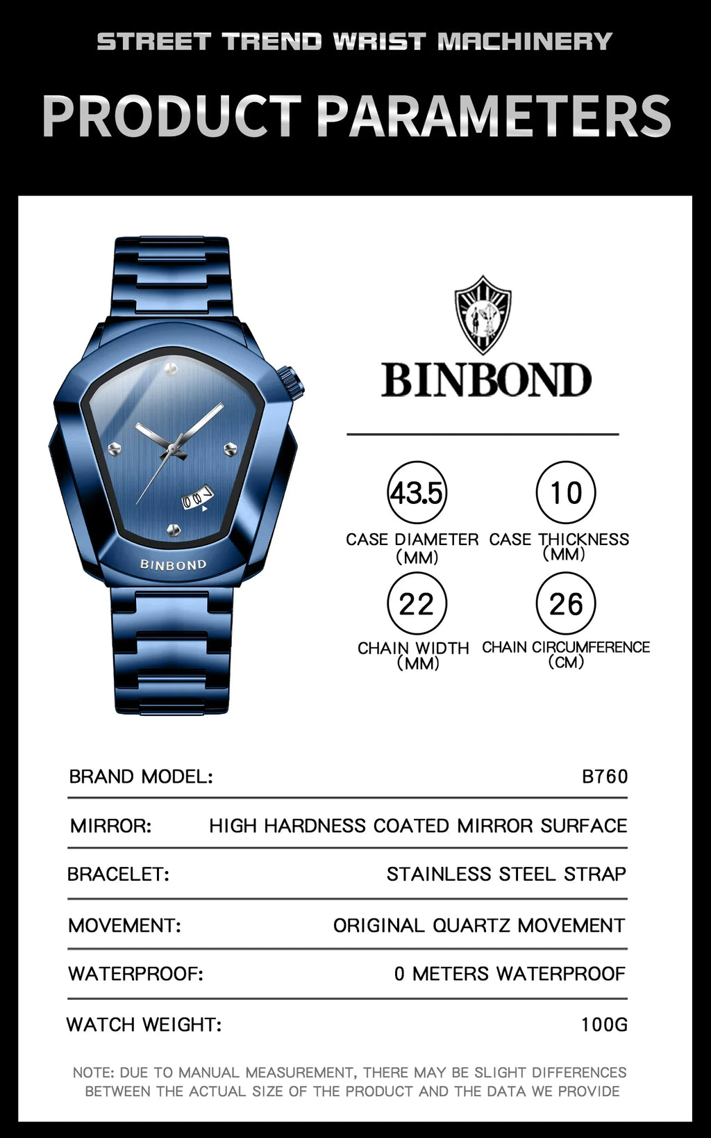 Reloj de Cuarzo BINBOND para Hombre, Lujo, Acero Inoxidable, Calendario
