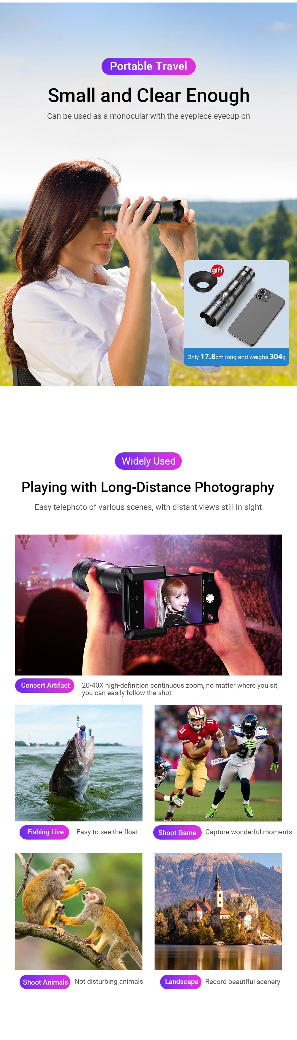 Teleobjetivo APEXEL 20-40X Zoom con Trípode para Smartphone