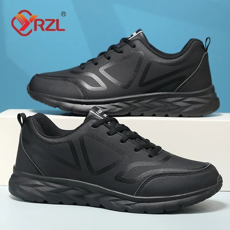 YRZL-Zapatillas deportivas impermeables de cuero para hombre, zapatos deportivos cómodos para caminar, resistentes al desgaste, color negro