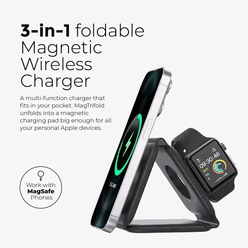 Cargador Inalámbrico Plegable 3 en 1 de Carga Rápida para Escritorio, Compatible con iPhone 17 16 15 14 13 Pro Max, iWatch 10 9 8 7 6, AirPods Pro 2