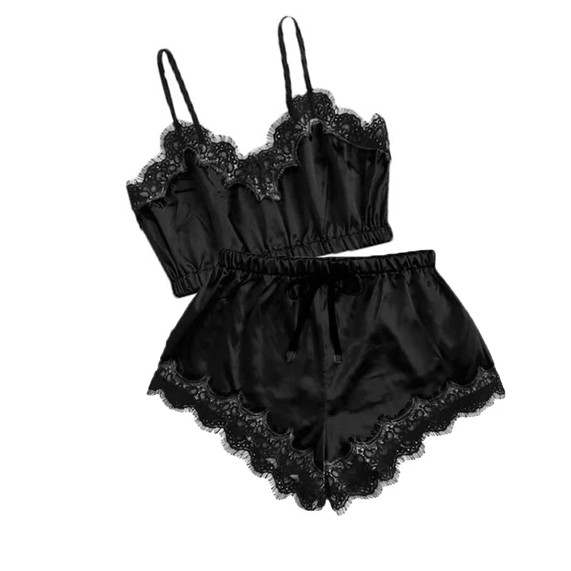 Pijama negro Sexy para mujer, Tops con tirantes de seda y encaje de 4 piezas, pantalones cortos, bata, conjunto de pijama, camisón, ropa interior, traje