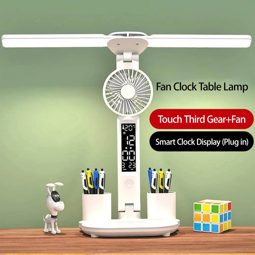 Lámpara de escritorio LED, lámpara de ventilador plegable portátil, reloj de pantalla inteligente, lámpara de escritorio recargable por USB, protección ocular, luz de escritorio de lectura para estudio