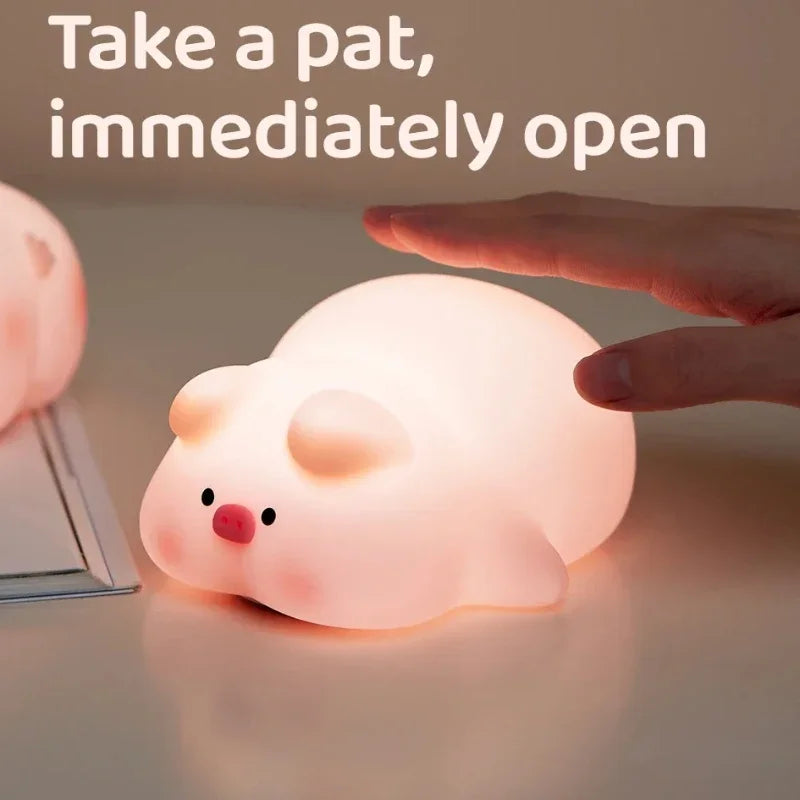 Luz nocturna de cerdito rosa, bonita luz nocturna de silicona, lámpara LED Pat, decoración de habitación, carga USB, lámpara de ambiente interior, regalo para niños
