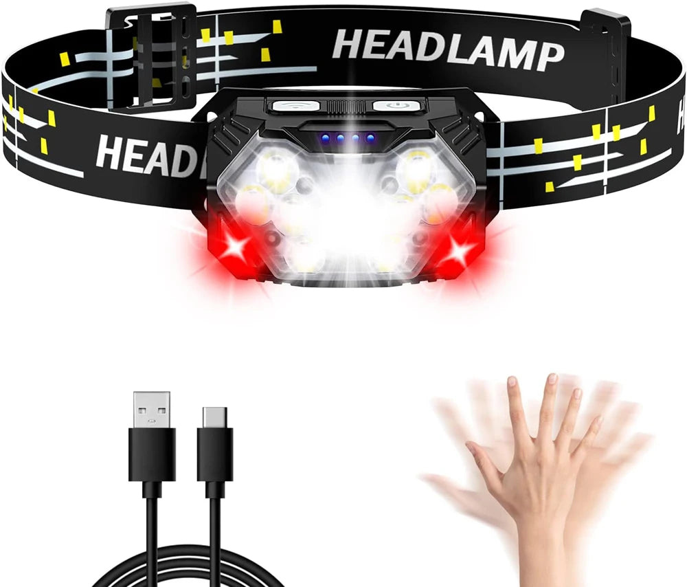 Linterna frontal 9 LED recargable USB con sensor movimiento