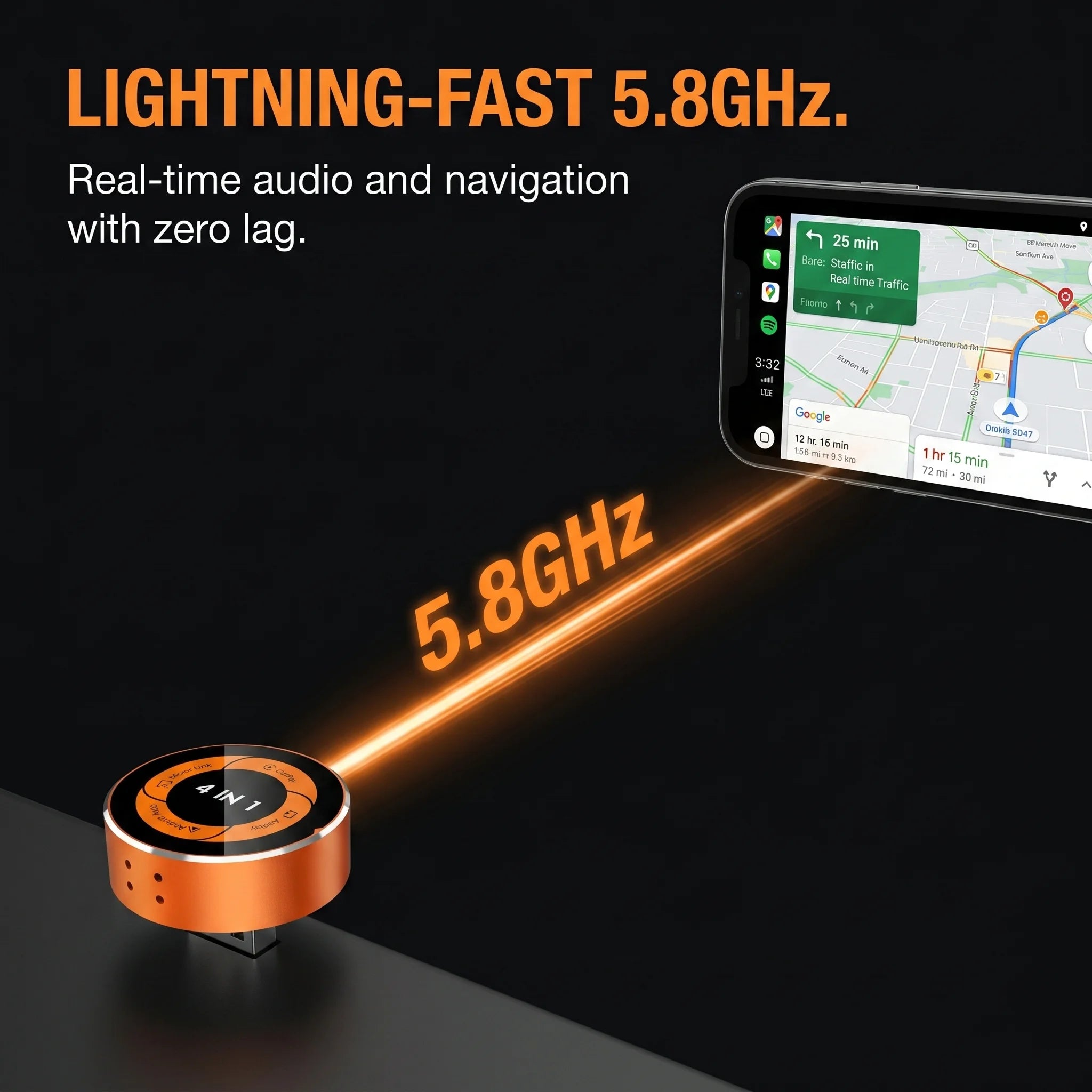Adaptador inalámbrico 4 en 1 para Apple CarPlay, Android Auto, AirPlay y MirrorLink con funciones de duplicación de pantalla.