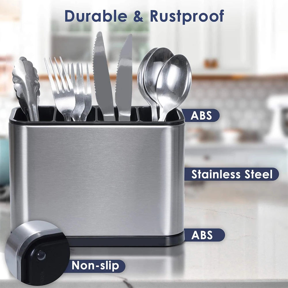 LMETJMA Organizador de cubiertos Caddy para cubiertos, estante de secado de utensilios de acero inoxidable, soporte para cubiertos con 4 compartimentos divididos