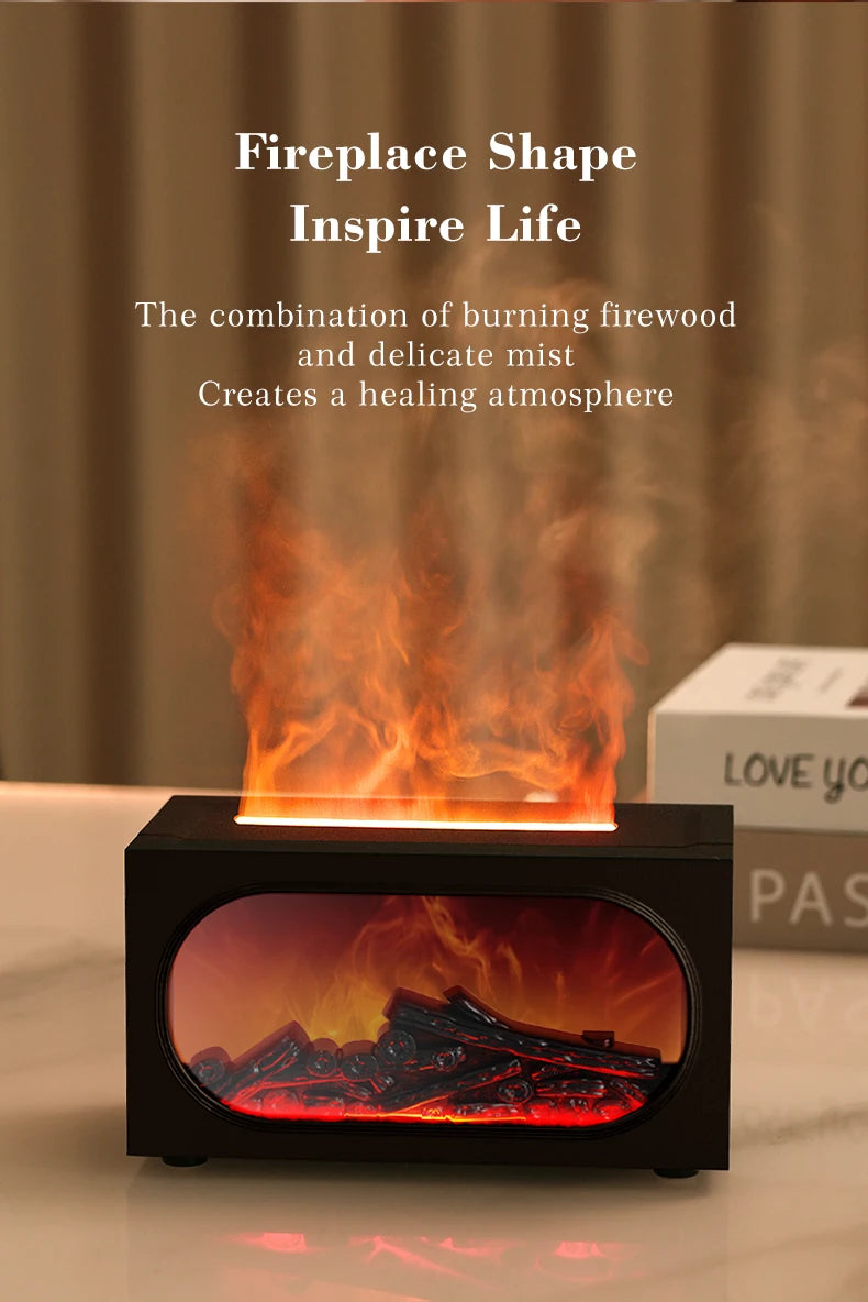 Difusor de aroma para chimenea con luz ambiental de llama, protección de apagado sin agua, salida de niebla fina y grande, humidificación silenciosa