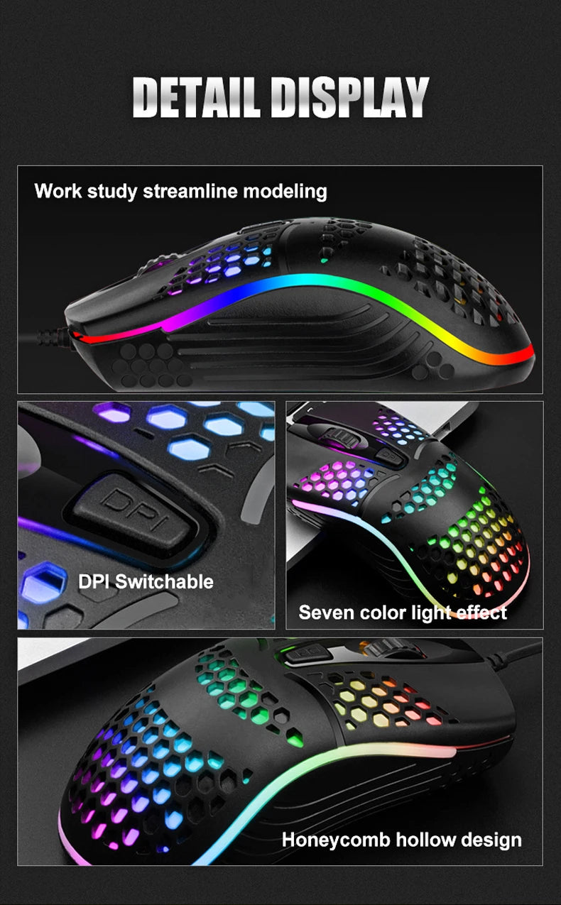 Ratón óptico con luz LED para juegos, Mouse ahuecado para ordenador portátil, escritorio, 4D, uso doméstico y oficina, 7 luces LED de respiración