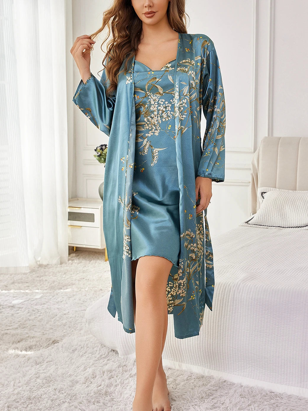‌   Conjunto de ropa de descanso floral de satén de seda, bata con cinturón, camisola, camisón, ropa de dormir elegante de dos piezas para todas las estaciones