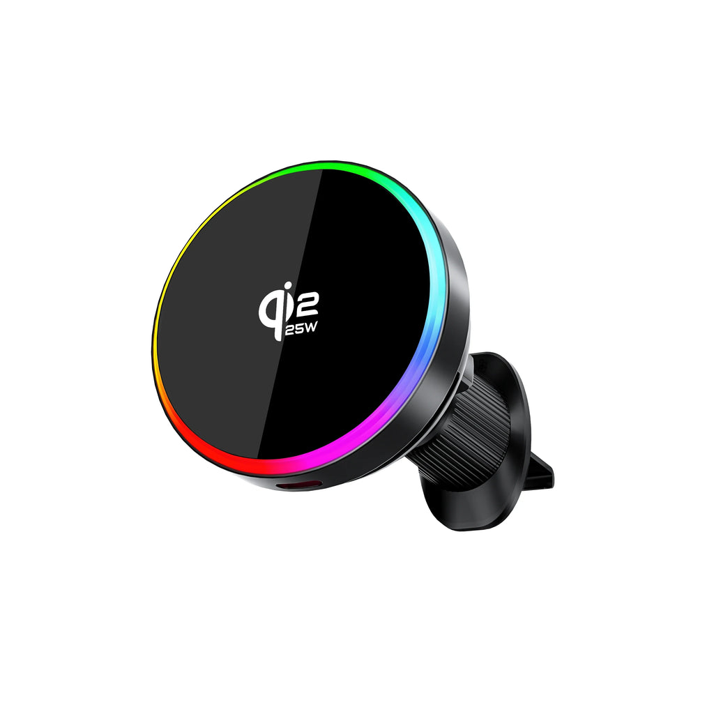 Cargador Magnético para Coche Qi2 de 25W con Luz RGB, Soporte para Rejilla de Ventilación con Carga Rápida y Refrigeración para iPhone 17 Pro Max