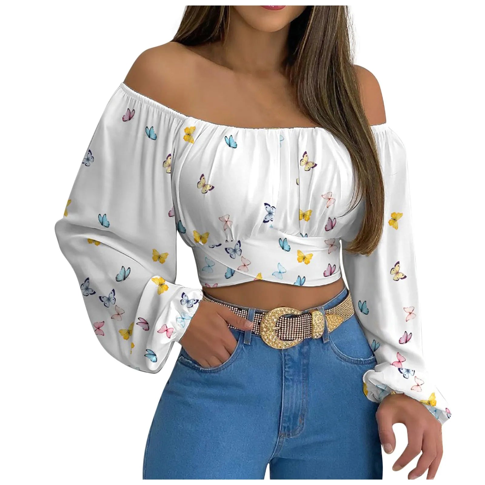 Blusa con Hombros Descubiertos y Lazo de Manga Larga