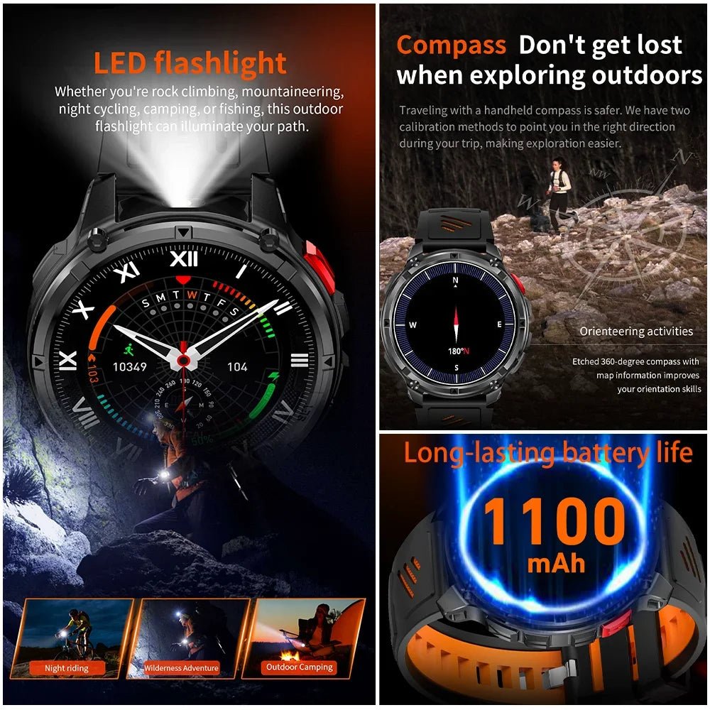 Reloj Inteligente AMOLED 1100mAh con Linterna LED, IP69 y Llamadas Bluetooth