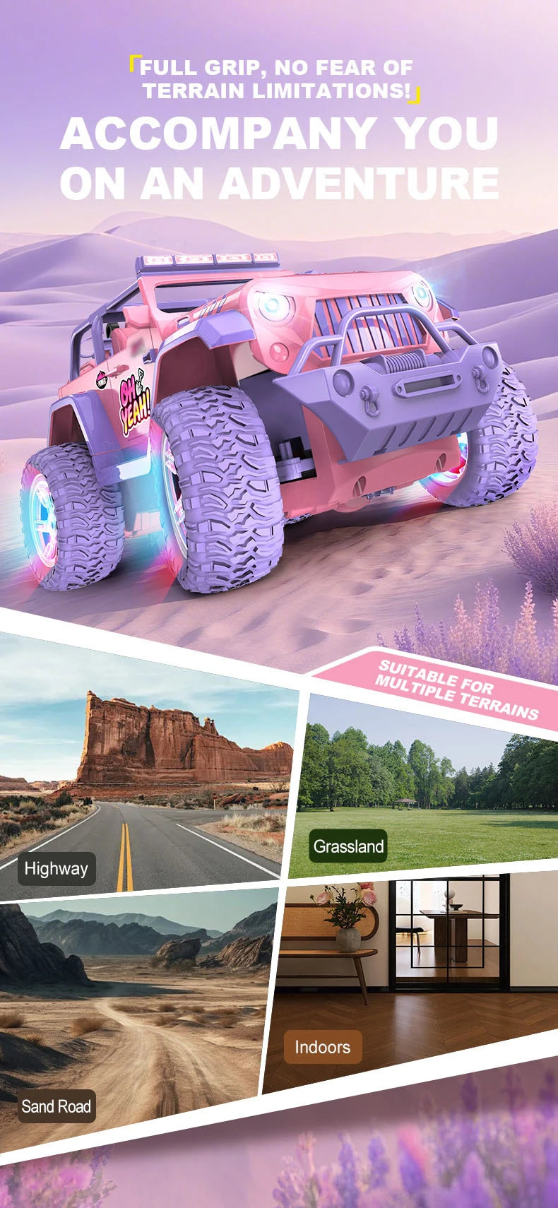Coche RC Rosa 1:16 Todoterreno con Luces y Efecto Vapor