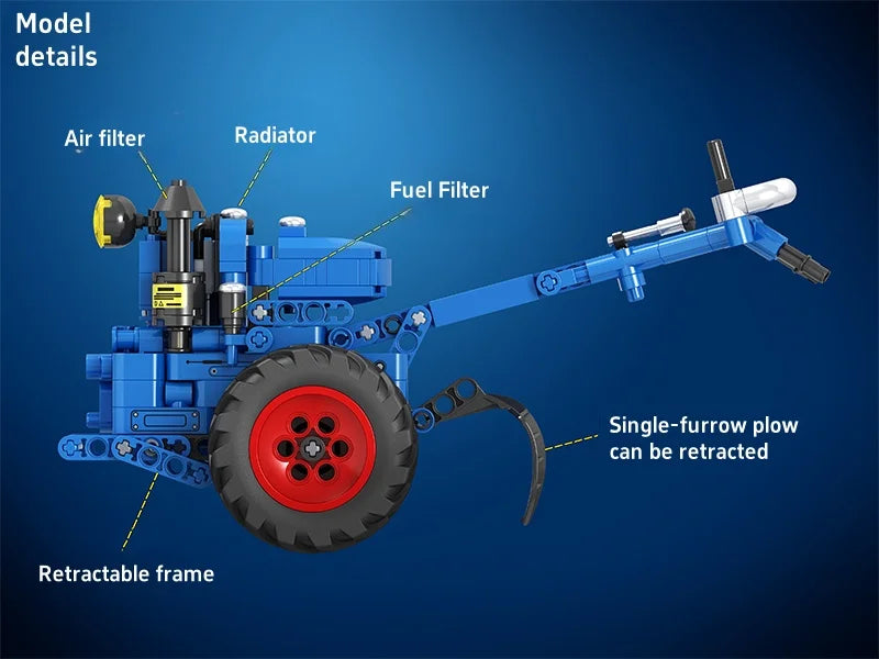 Serie de herramientas de simulación, conjunto de tractor de mano retro, bloques de construcción, detalles 1:10, restauración, diseños móviles, regalo nostálgico para niños