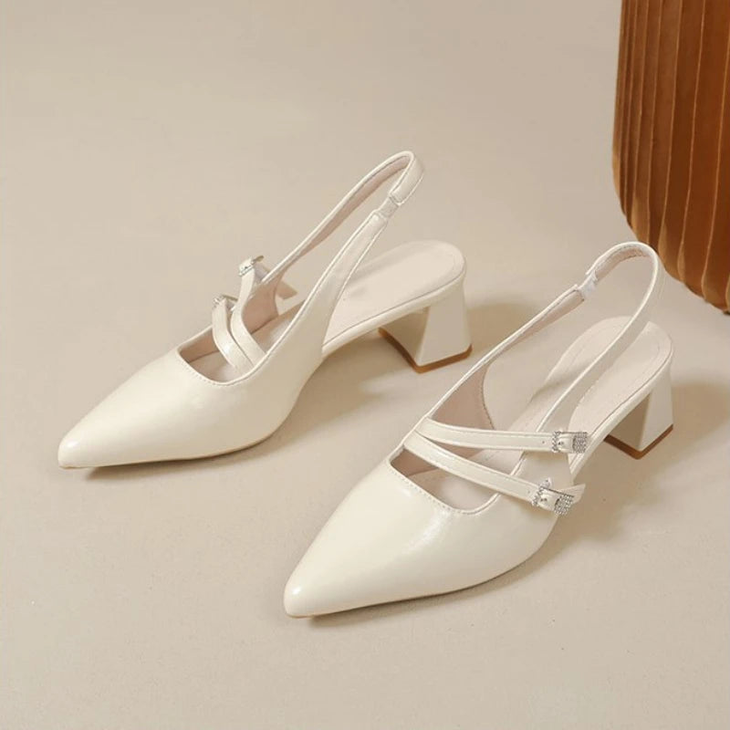 Zapatos de Tacón Ancho con Punta en Pico y Tira Trasera para Mujer, Estilo Francés Chic, Minimalistas, para Oficina, Vestir, Sandalias Casuales con Hebilla para Fiesta