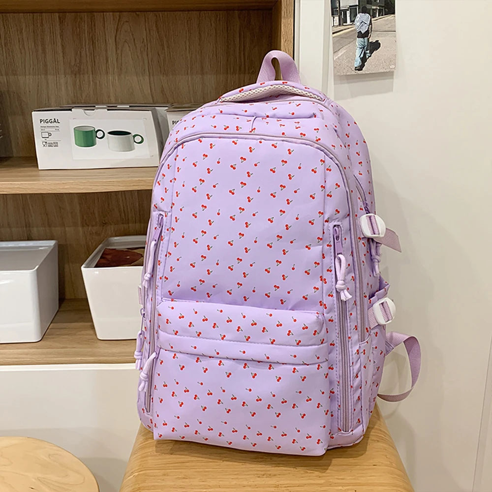 Mochila de Nailon con Estampado de Cerezas, Ligera y Resistente