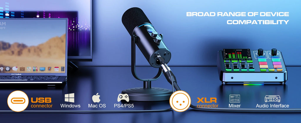 Micrófono Dinámico para Podcast, Micrófonos XLR/USB para Grabación en PC, para Transmisión, Podcast, Grabación, Juegos y Streaming, Micrófono de Estudio
