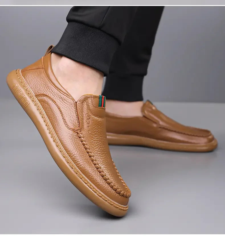 Mocasines de cuero para hombre con suela de goma cosida a mano