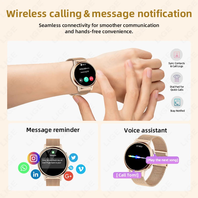 Reloj inteligente LIGE para mujer con pantalla AMOLED y llamadas Bluetooth