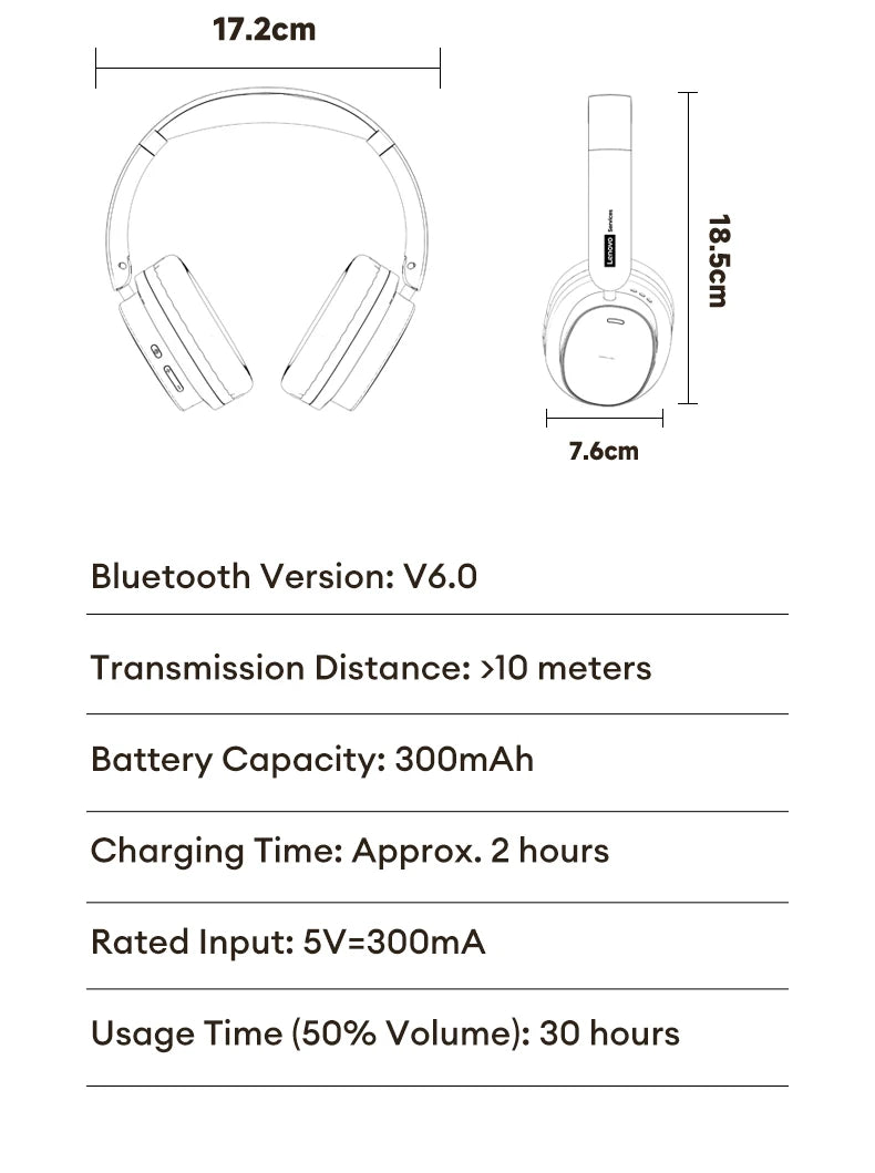 Auriculares Retro TH30 Pro Lenovo para Juegos, Inalámbricos, Bluetooth 6.0, Sobre la Oreja, Plegables, Deportivos, de Cuero, Regalos LS105