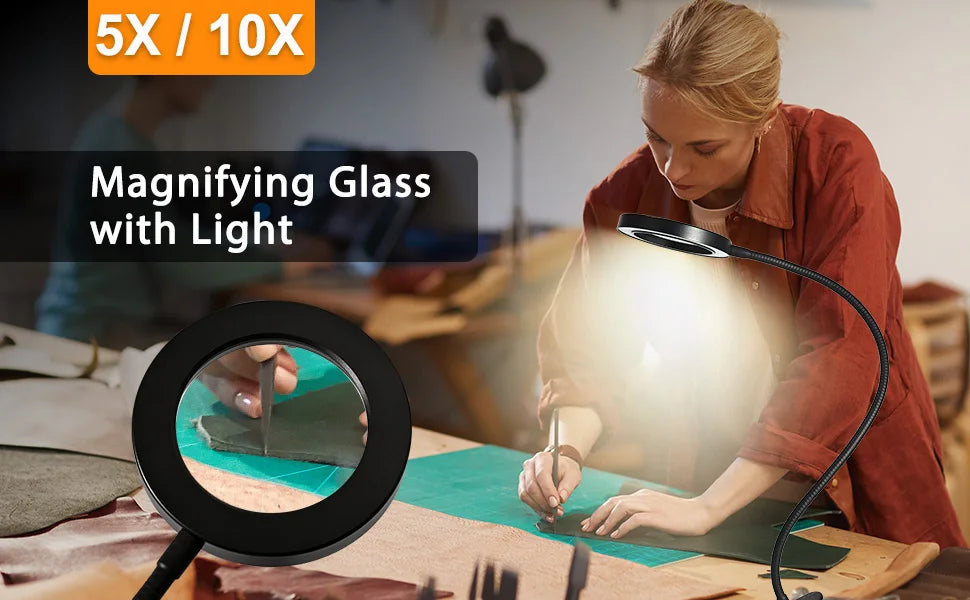 Lupa 5/10X con lámpara de lupa 28/56LED 3 modos de color 10 atenuador de brillo 360 °   Luces flexibles con cuello de cisne (sin adaptador)