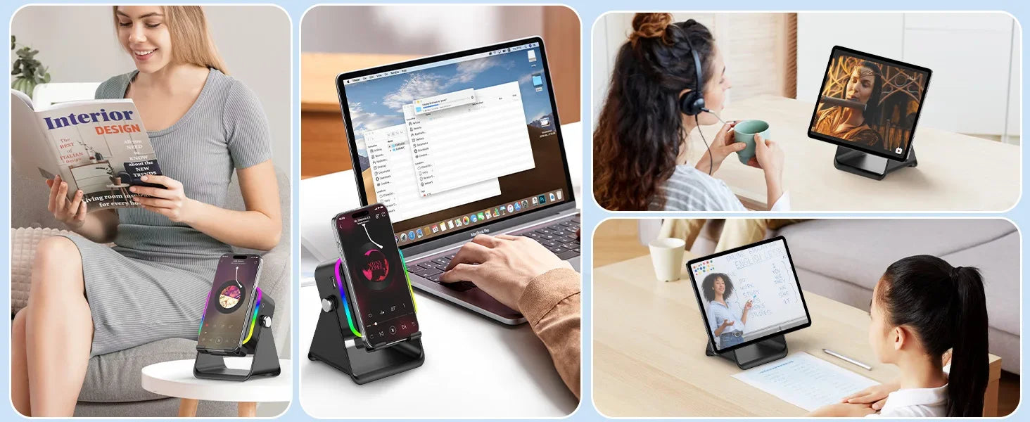 NUEVO Altavoz Inalámbrico de Inducción Automática 5 en 1 con 8 Modos de Luz RGB, Soporte para Teléfono, Sonido Envolvente, Soporte Portátil para Teléfono con Bluetooth