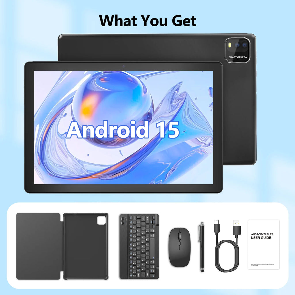 Tablet Android 15 de 10.1 Pulgadas, Compatible con Google Play, Procesador de Cuatro Núcleos, 12GB (3+9) de RAM, 64GB de ROM, Bluetooth, Batería de 6000mAh