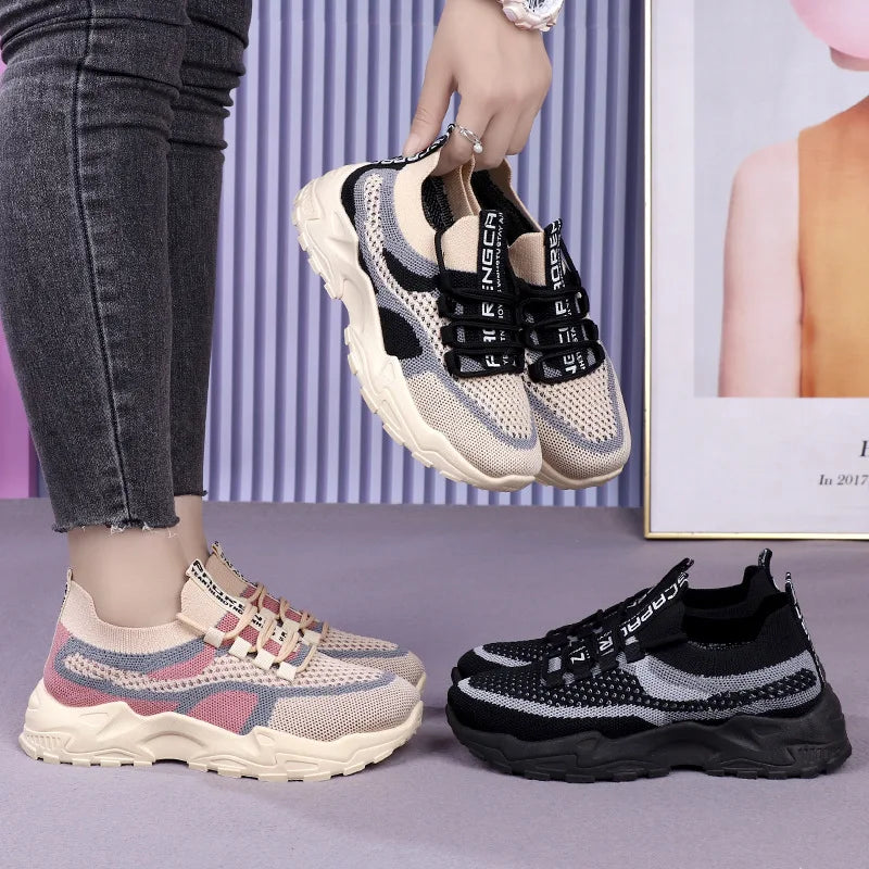 Zapatillas gruesas 2025, zapatos informales para mujer, zapatos deportivos transpirables de malla de aire para primavera y otoño, zapatos para correr de suela blanda para mujer
