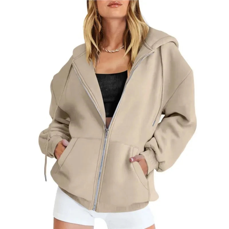 Sudadera gris con cremallera para mujer, chaqueta de otoño e invierno, ropa con capucha, sudaderas con bolsillos diarios, sudaderas con capucha lisas y versátiles de manga larga para mujer