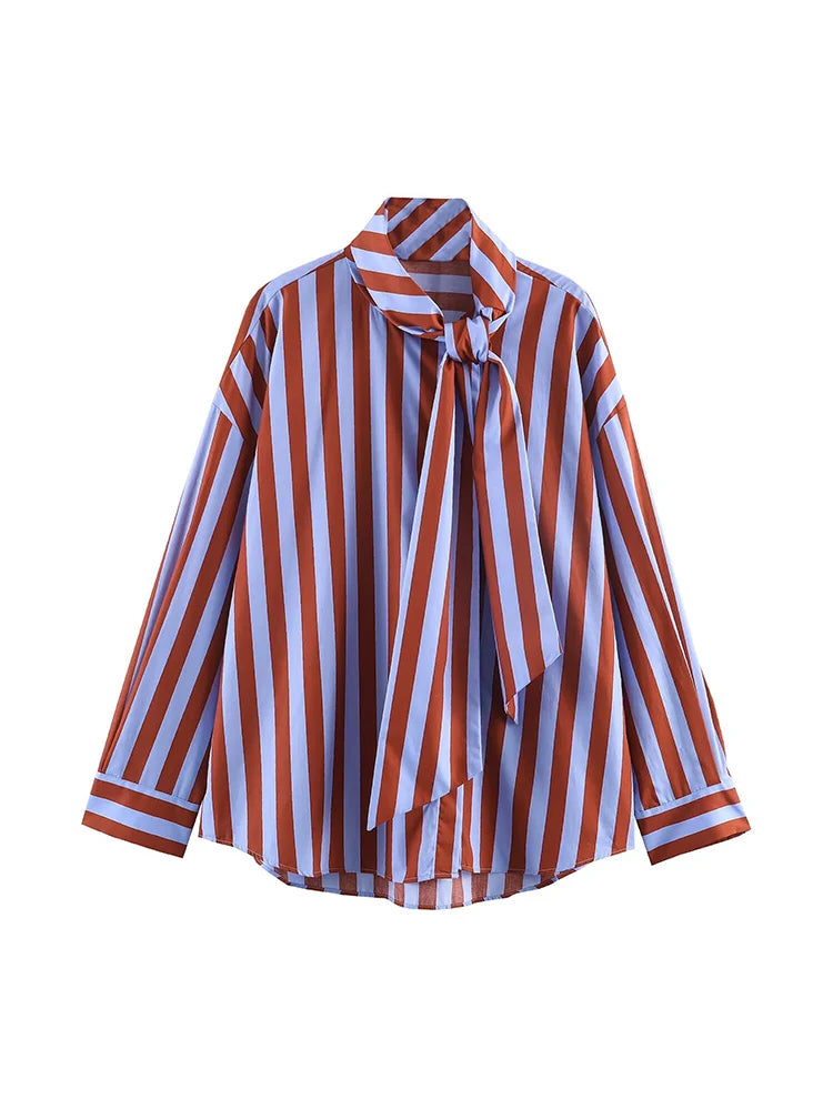 Camisa a Rayas de Manga Larga con Cuello de Lazo