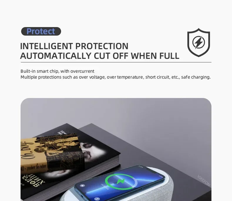 Base de Carga Inalámbrica con Alarma, Lámpara de Noche, Reloj de Escritorio y Termómetro para iPhone 17, 16, 15, 14, 13, con Carga Rápida