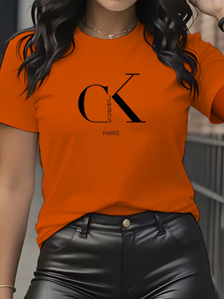 Camiseta con Estampado de Dibujos Animados y Letras Cuello Redondo