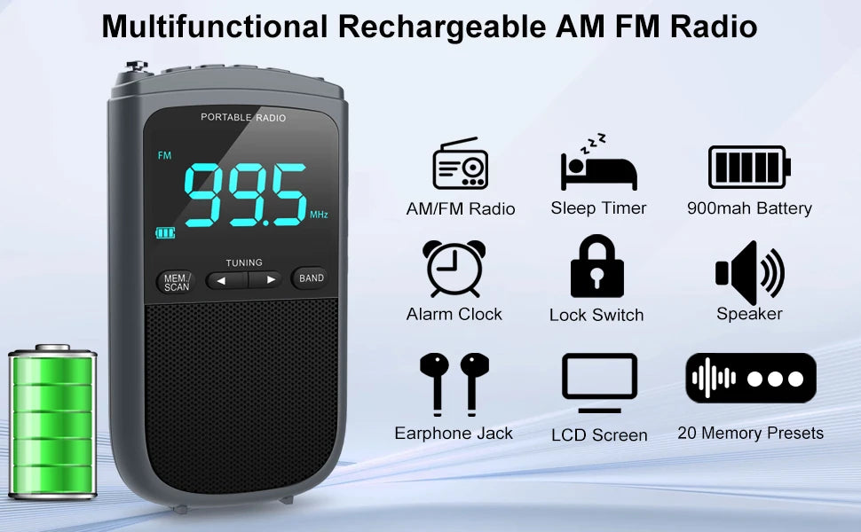 Mini Radio portátil AM/FM recargable con altavoz estéreo y despertador
