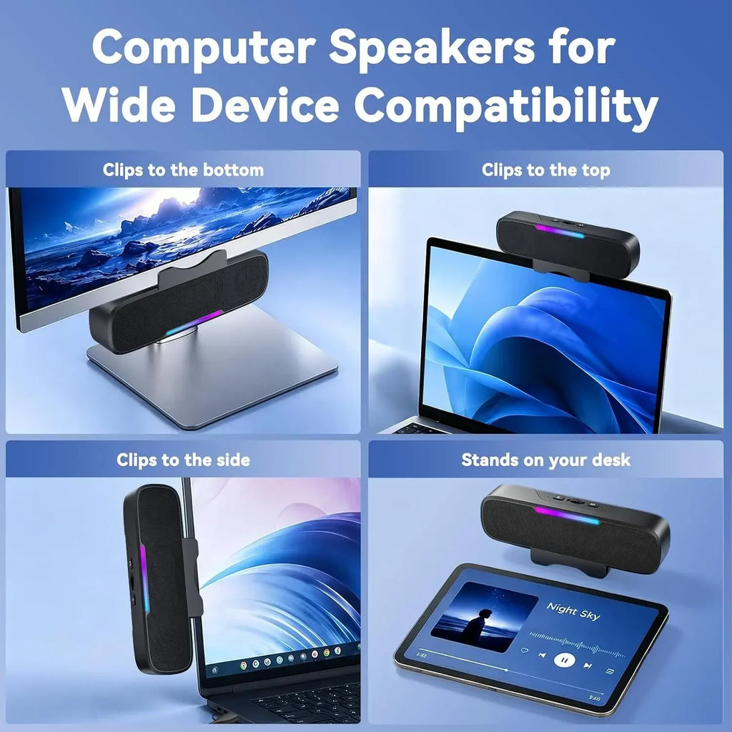 Barra de Sonido USB y Bluetooth para PC, Alimentada por USB con Altavoz y Bluetooth para Conexión a Teléfonos Inteligentes, Se Fija a Monitores