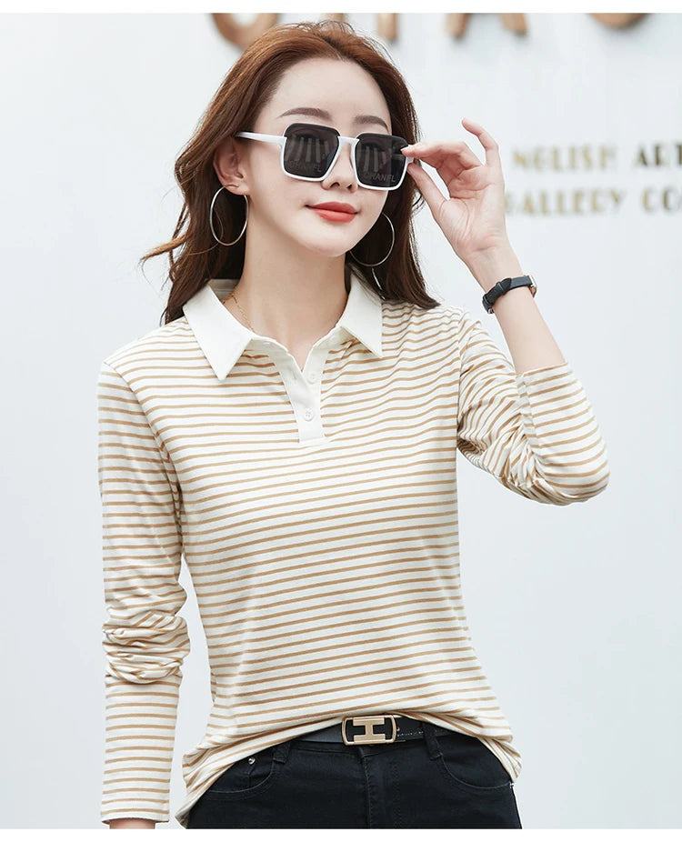 Polo de Manga Larga a Rayas de Estilo Coreano