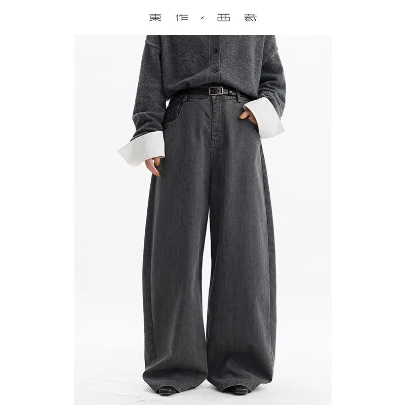 Jeans Americanos Retro de Cintura Alta para Mujer, Pierna Ancha con Acabado Desgastado