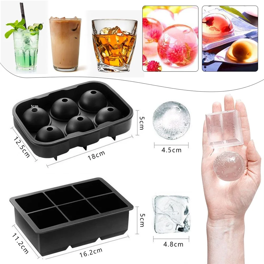 Moldes para hielo, moldes y bandejas para hielo de silicona, máquina para hacer hielo de gran tamaño en forma de esferas y cubos, perfecta para cócteles, whisky