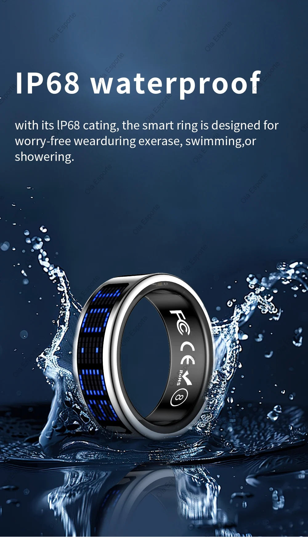Anillo inteligente con pantalla dinámica 5 ATM impermeable oxígeno en sangre Monitor de ritmo cardíaco durante el sueño anillo deportivo hombres mujeres anillo de moda