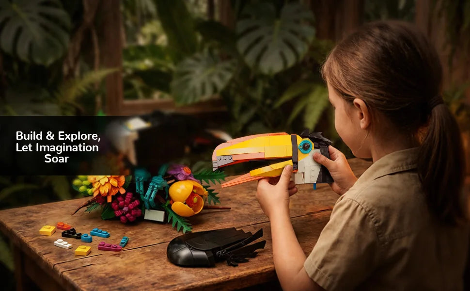 Bloques de Construcción de Tucán de la Selva Tropical 88051, Modelo Botánico de Flor y Pájaro, Decoración de Escritorio, Adorno Natural, Regalo para Adultos, Decoración del Hogar