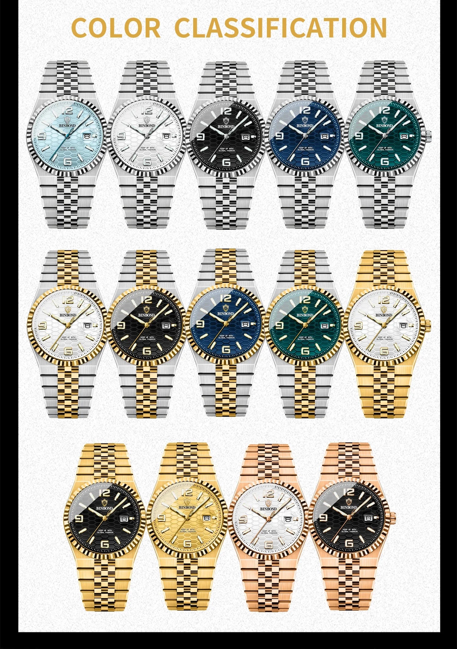 Reloj de Cuarzo BINBOND para Hombre, Esfera Luminosa, Acero Inoxidable
