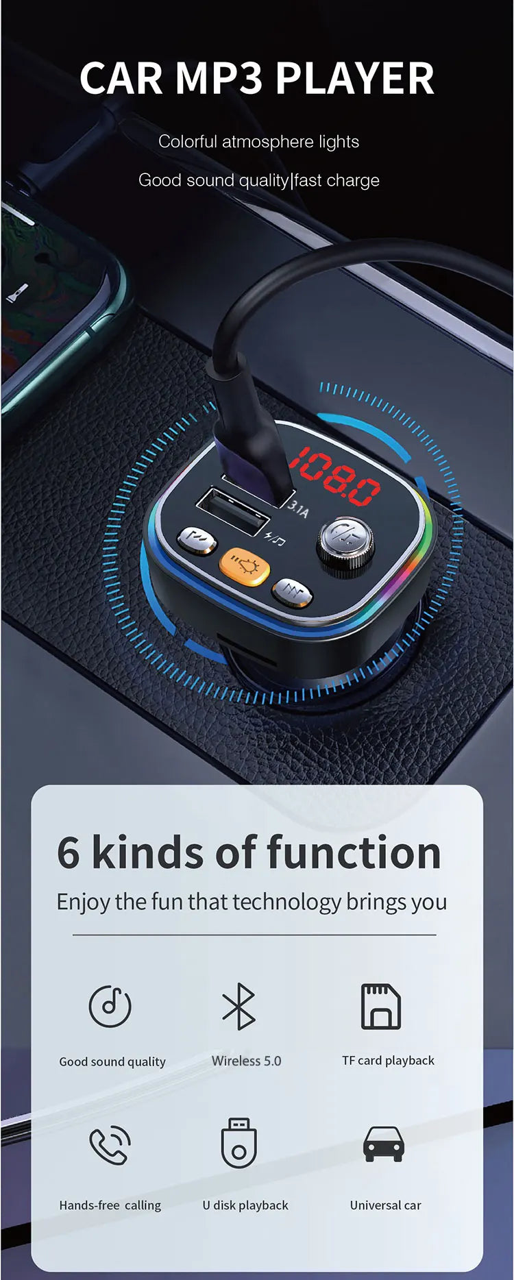 Modulador FM USB 3.1A para Auto con Bluetooth 5.0 y Manos Libres