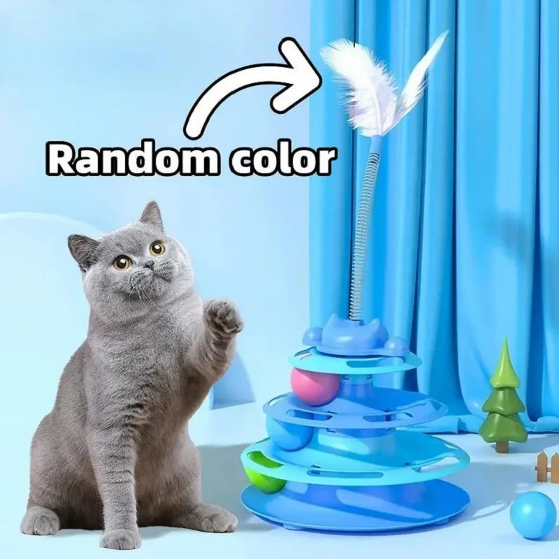 Torre de juguete interactiva para gatos, plato giratorio para gatitos, bolas con rodillo, juguetes con plumas, suministros de entrenamiento para mascotas, juguete para torre para gatos