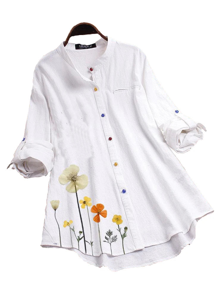 Camisa de Cuello Redondo con Botones y Estampado Floral