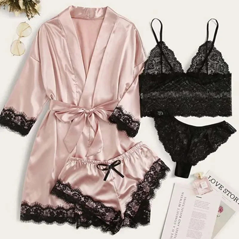 4 piezas ropa de dormir para mujer pijamas Ser con bata lencería de encaje Sexy Albornoz satén de seda ropa de dormir para el hogar bata