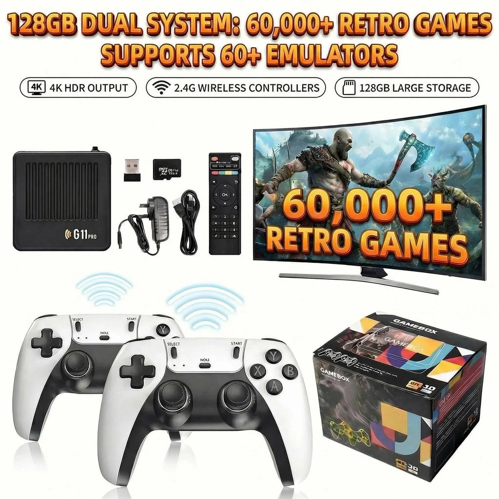 Reproductor multimedia y de juegos portátil G11 PRO 2 en 1 con pantalla 4K HD, chip de rendimiento estable, gran cantidad de juegos clásicos y casuales preinstalados y mandos inalámbricos; ideal para reuniones familiar