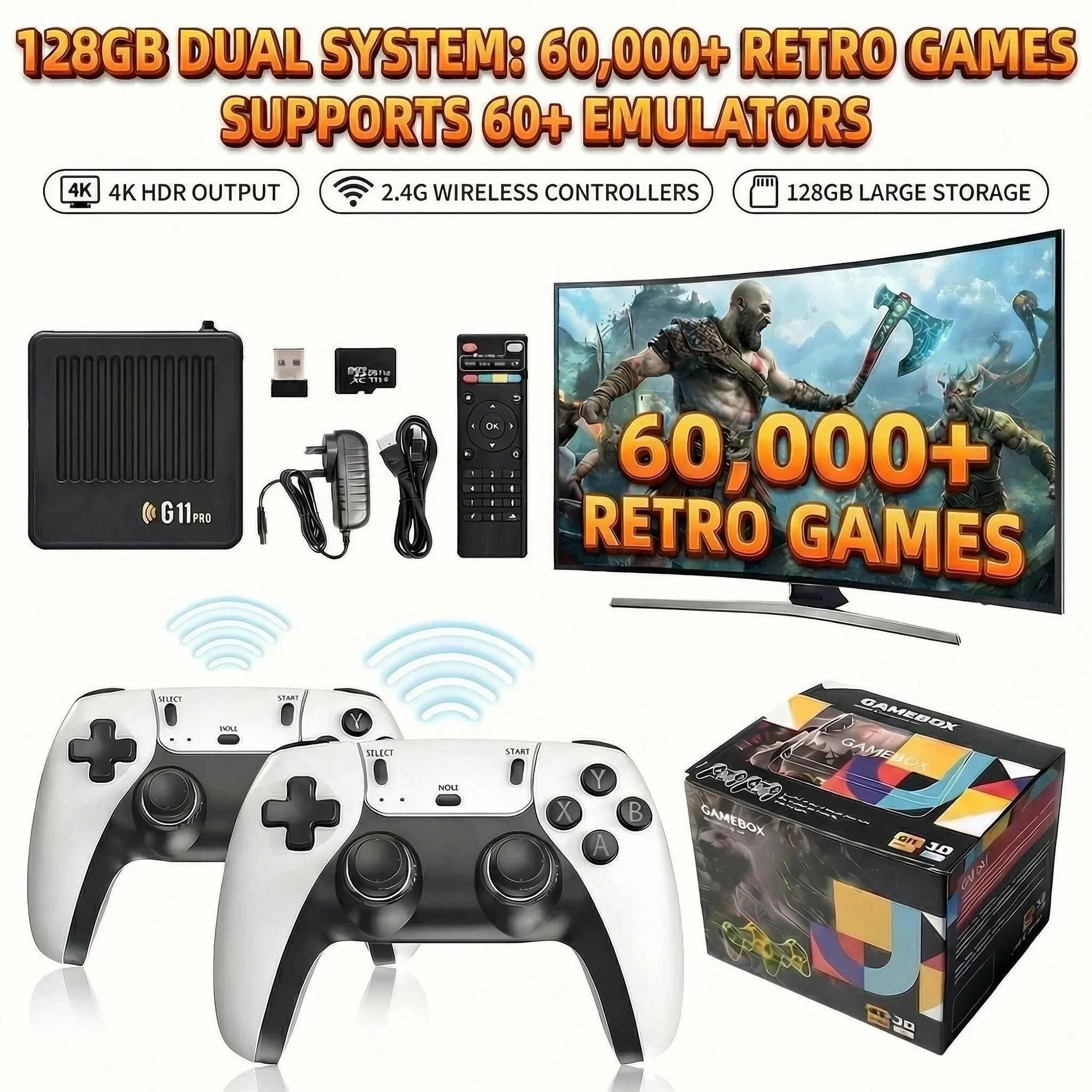 Reproductor multimedia y de juegos portátil G11 PRO 2 en 1 con pantalla 4K HD, chip de rendimiento estable, gran cantidad de juegos clásicos y casuales preinstalados y mandos inalámbricos; ideal para reuniones familiar
