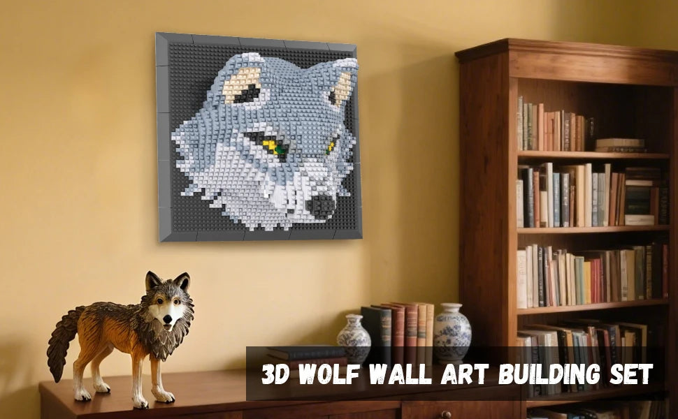 Mural de Lobo 3D Bloques de Construcción Decoración Hogar