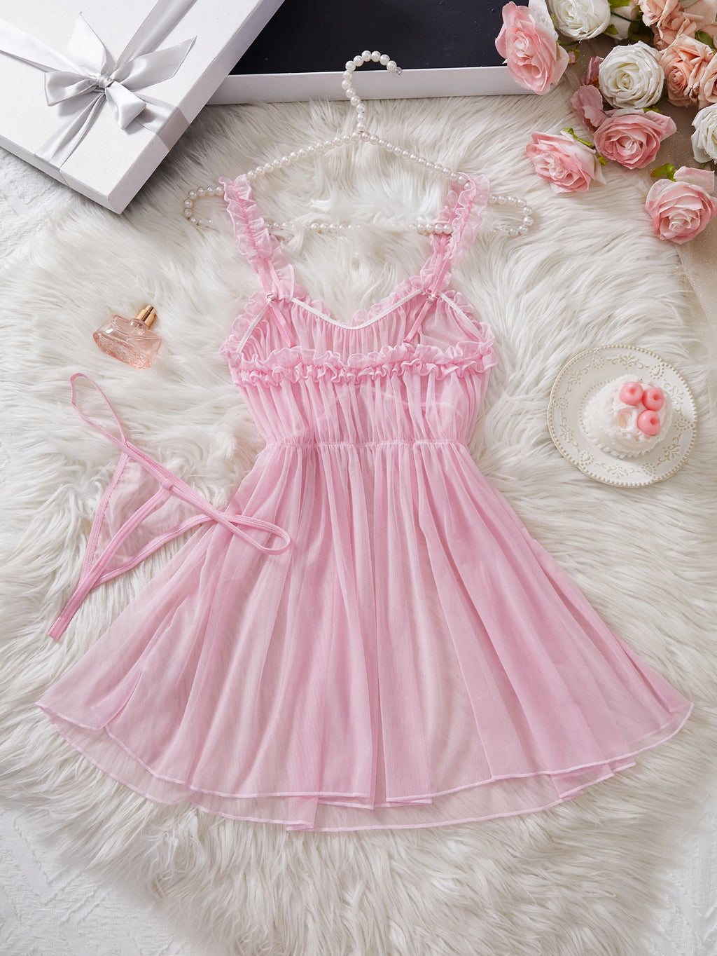 Vestido Babydoll Sexy para Mujer, Lencería Transparente con Tirantes